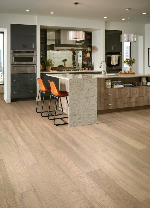 hickory hardwood in modern kitchen with earth tones